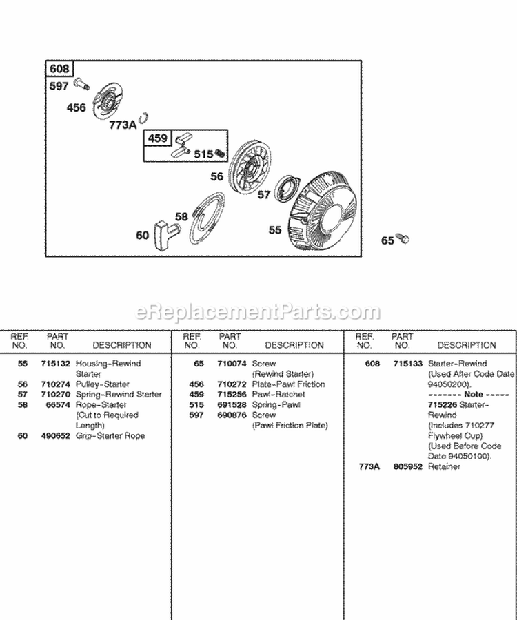 Rewind Starter Diagram and Parts List for  Briggs and Stratton Engine